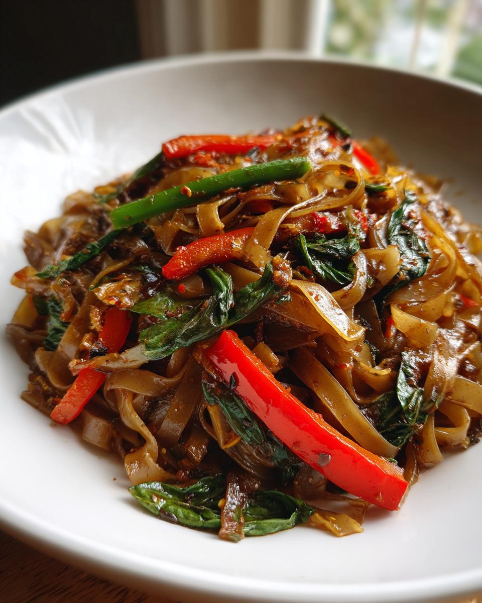 Close-up of glossy, dark brown thai drunken noodles mixed with vibrant red bell peppers and green basil leaves.