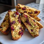 A pile of freshly baked cranberry pistachio biscotti slices loaded with red cranberries and green pistachios on a white plate.