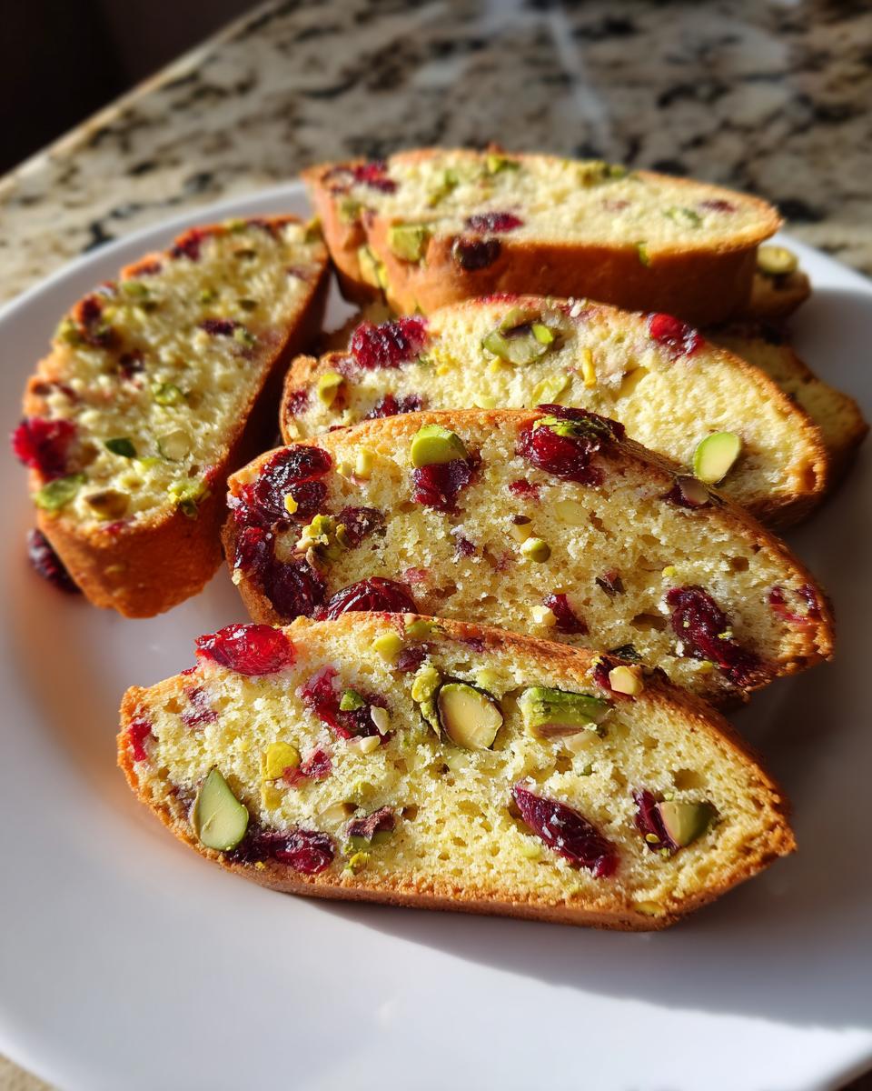 Close-up of several slices of golden cranberry pistachio biscotti arranged on a white plate, showing dried cranberries and green pistachios.