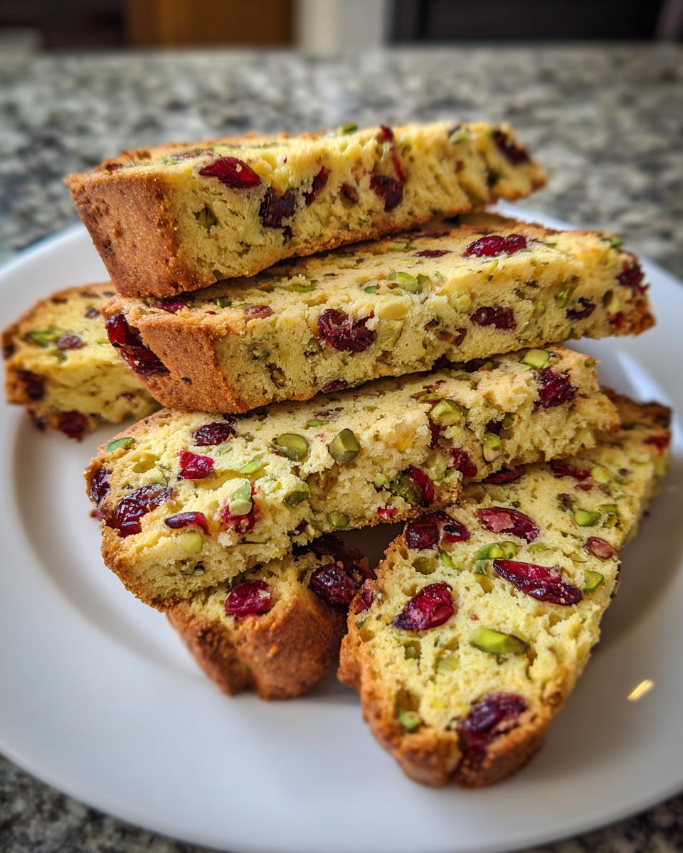 A stack of freshly baked cranberry pistachio biscotti slices showing visible dried cranberries and green pistachios.