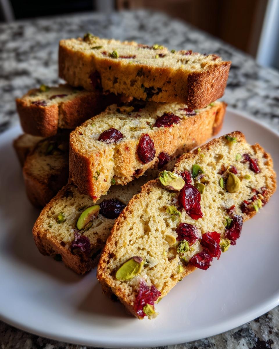 A stack of freshly baked cranberry pistachio biscotti slices showing visible dried cranberries and green pistachios.