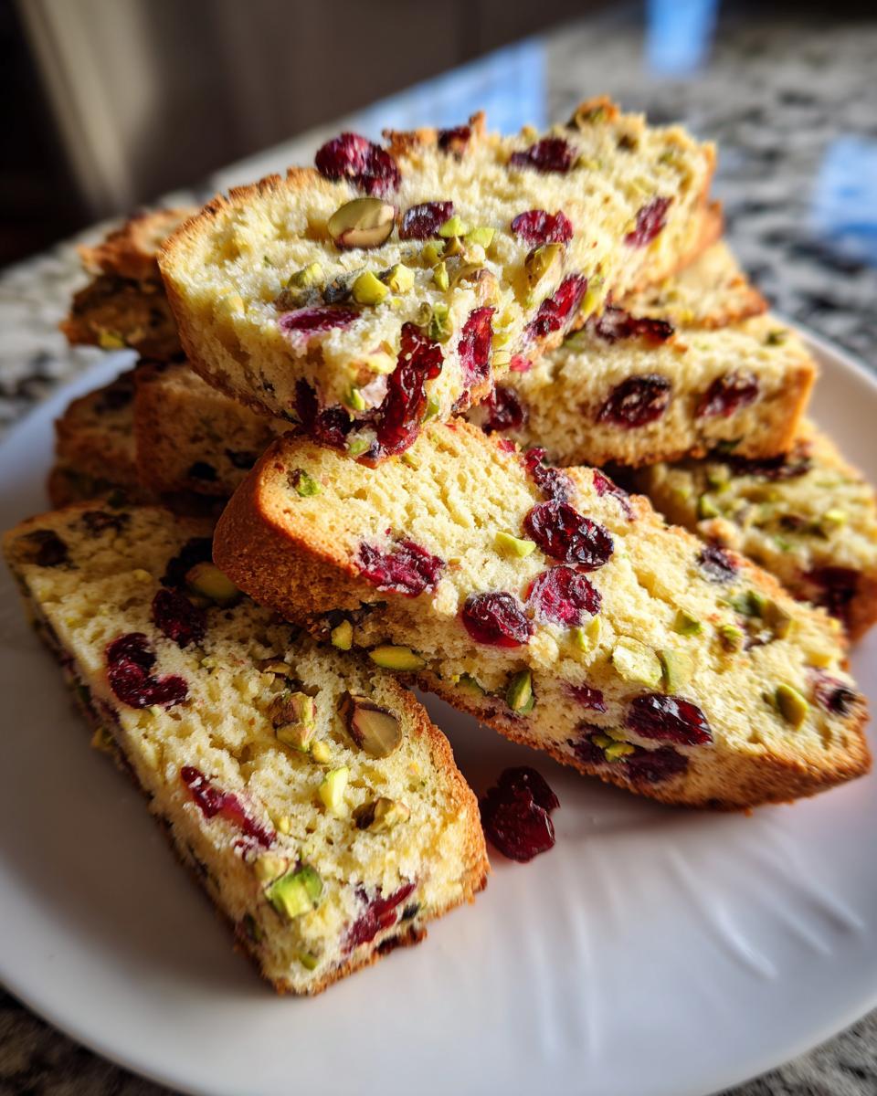 A stack of golden-brown cranberry pistachio biscotti slices loaded with dried cranberries and green pistachios.
