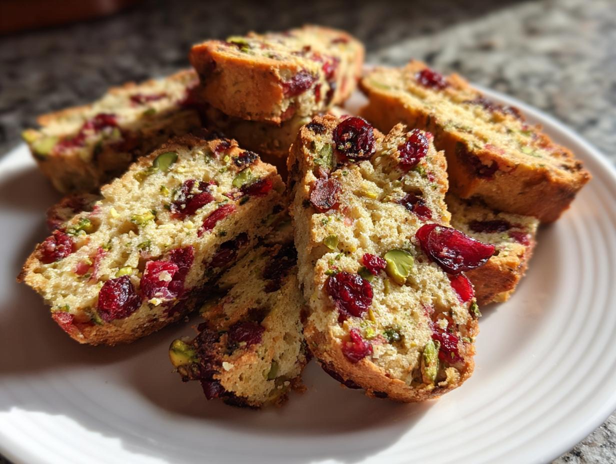 A pile of freshly sliced cranberry pistachio biscotti featuring bright red dried cranberries and green pistachio pieces.