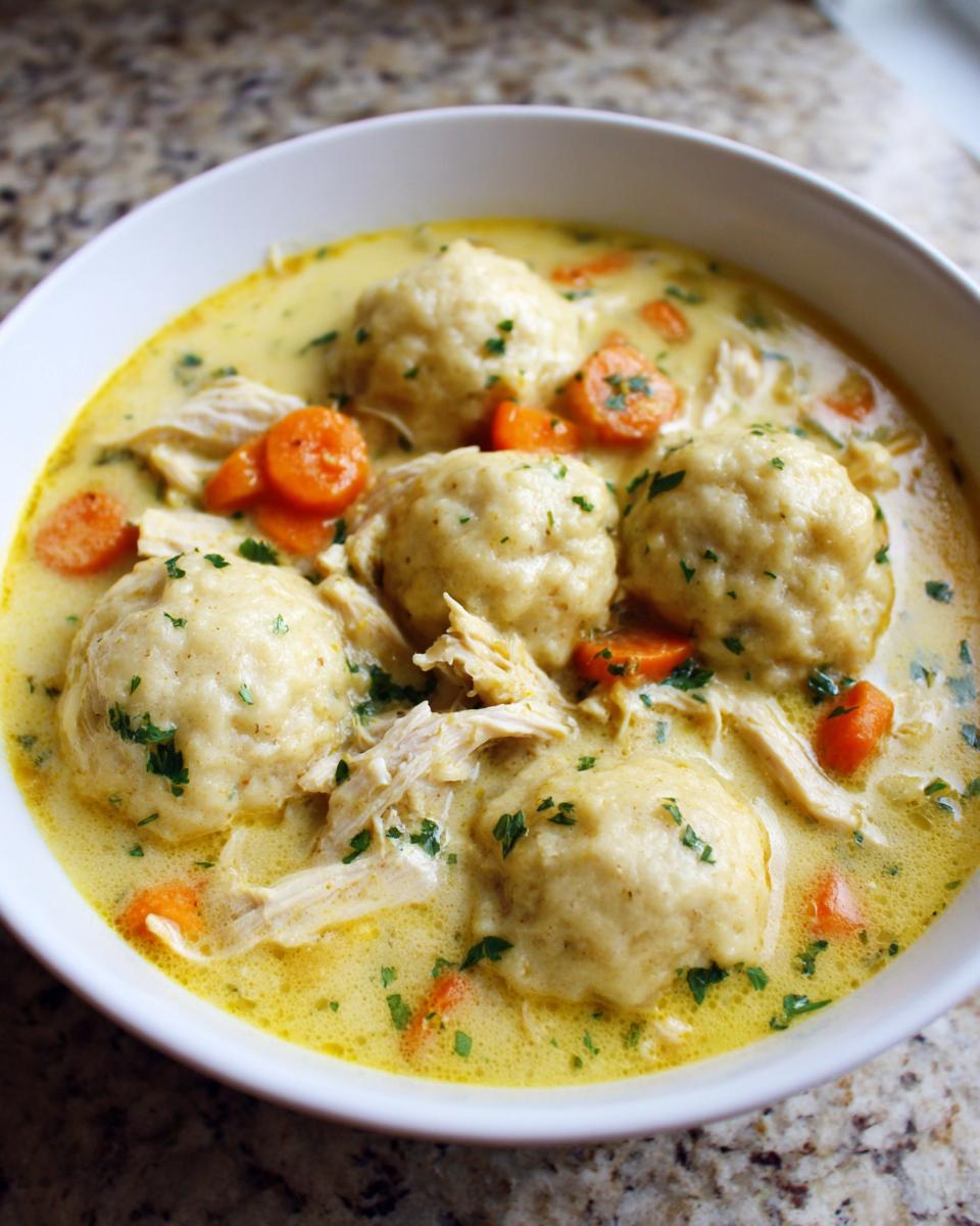 Close-up of creamy chicken and dumplings with sliced carrots, garnished with parsley.