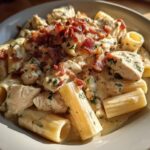 Close-up of creamy chicken bacon ranch pasta featuring chunks of chicken, crispy bacon, and rigatoni pasta.