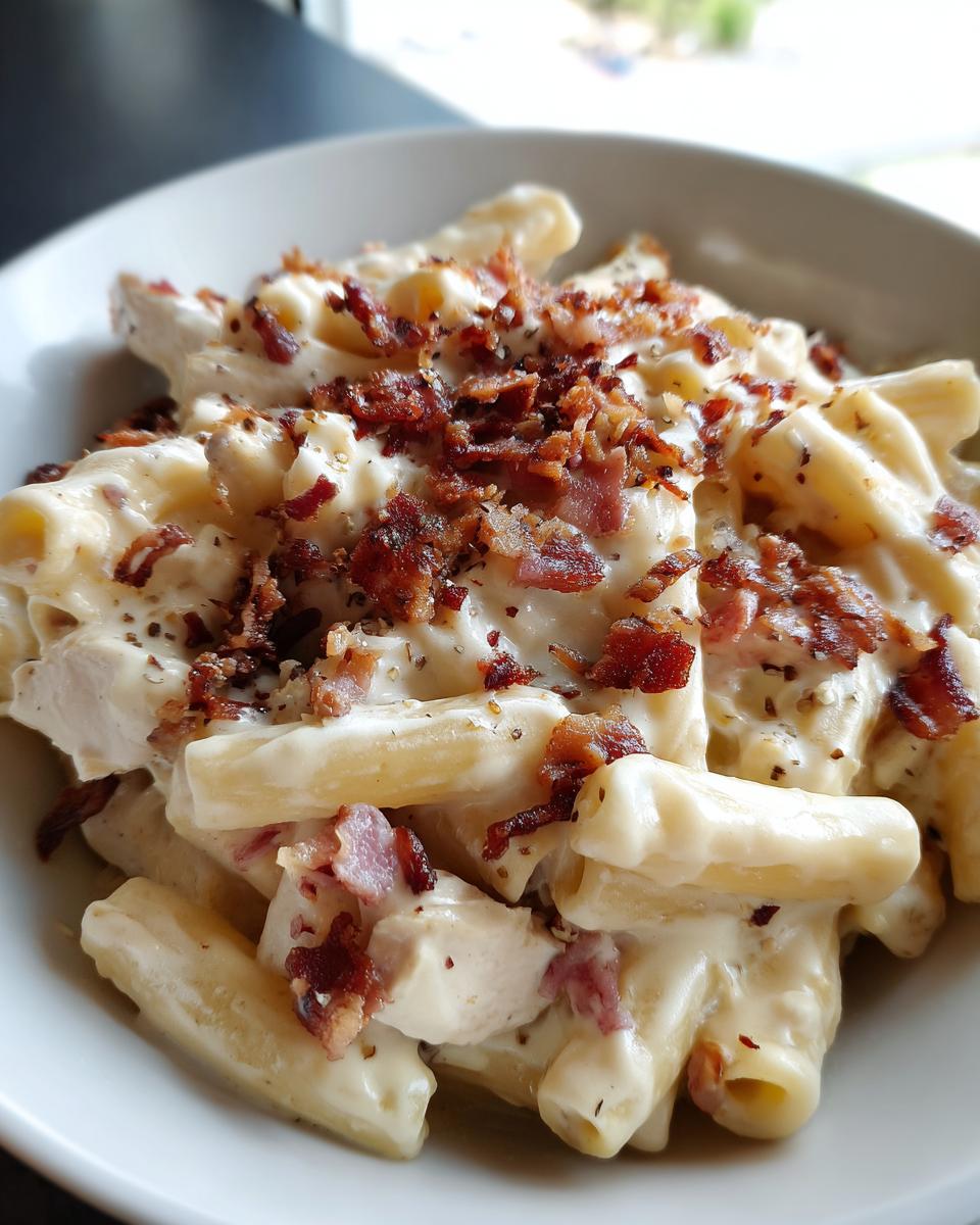 Close-up of creamy chicken bacon ranch pasta topped generously with crumbled bacon.