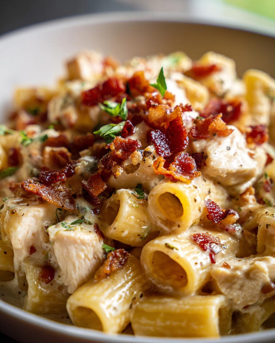 Close-up of creamy chicken bacon ranch pasta featuring rigatoni, chunks of chicken, and crispy bacon bits.