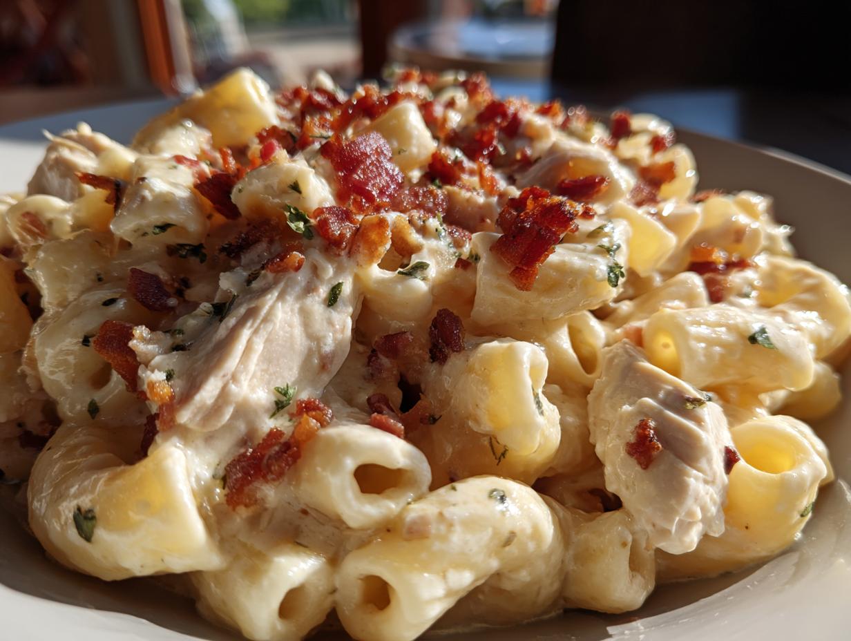 Close-up of creamy chicken bacon ranch pasta featuring chunks of chicken, crispy bacon, and herbs in a rich sauce.