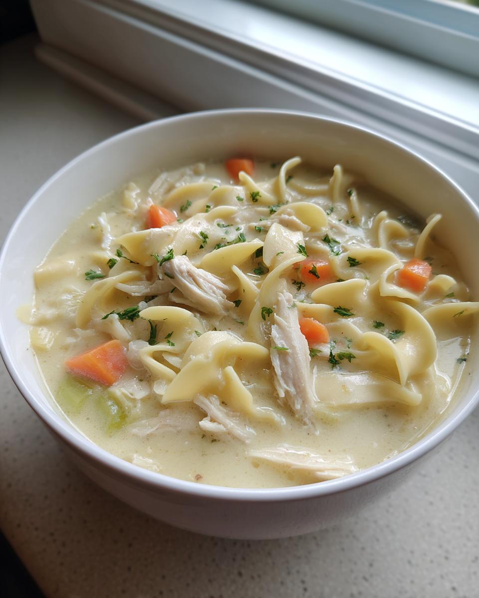 Close-up of a white bowl filled with creamy chicken noodle soup, featuring egg noodles, shredded chicken, carrots, and parsley.