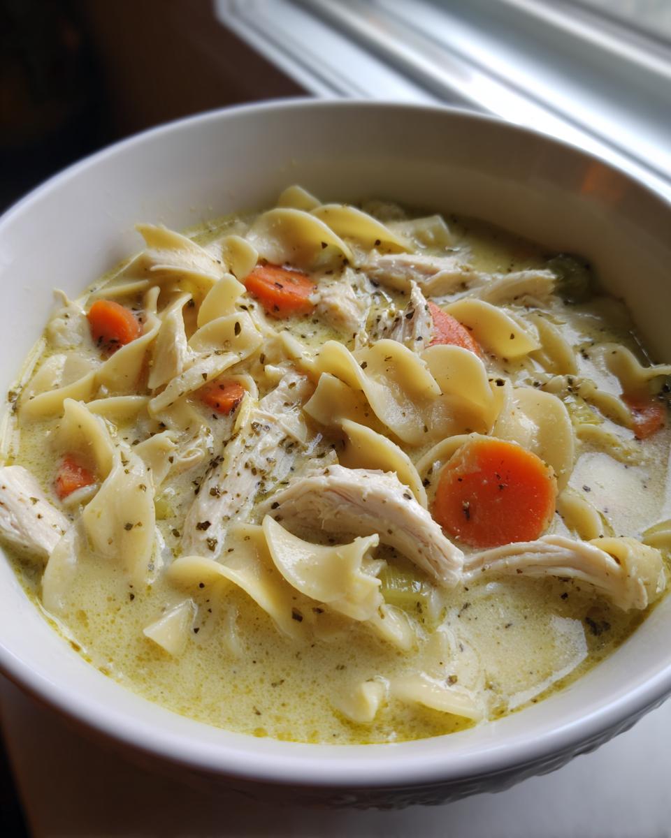 Close-up of a white bowl filled with creamy chicken noodle soup, featuring egg noodles, shredded chicken, and sliced carrots.