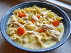 Close-up of a blue bowl filled with creamy chicken noodle soup, featuring shredded chicken, carrots, and wide egg noodles.