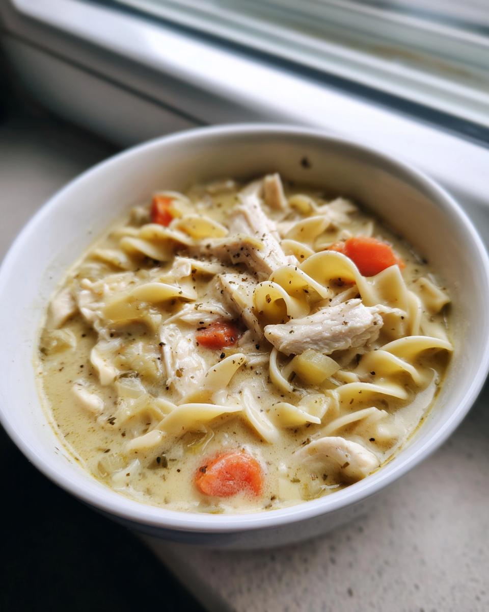 Close-up of a white bowl filled with creamy chicken noodle soup, featuring egg noodles, shredded chicken, and carrots, seasoned with pepper.