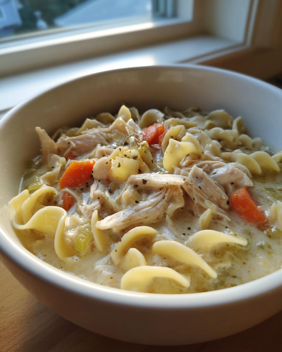 Close-up of a white bowl filled with creamy chicken noodle soup, featuring shredded chicken, carrots, and wide egg noodles.