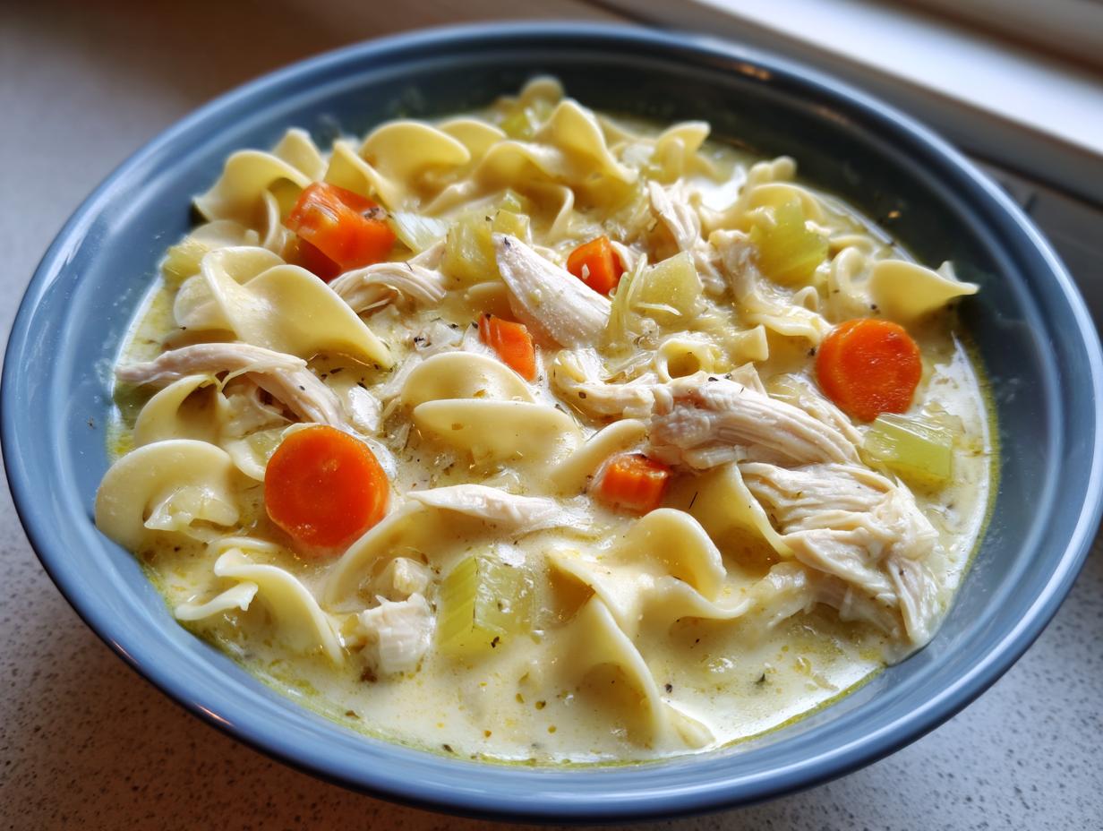 Close-up of a blue bowl filled with creamy chicken noodle soup, featuring shredded chicken, carrots, and wide egg noodles.