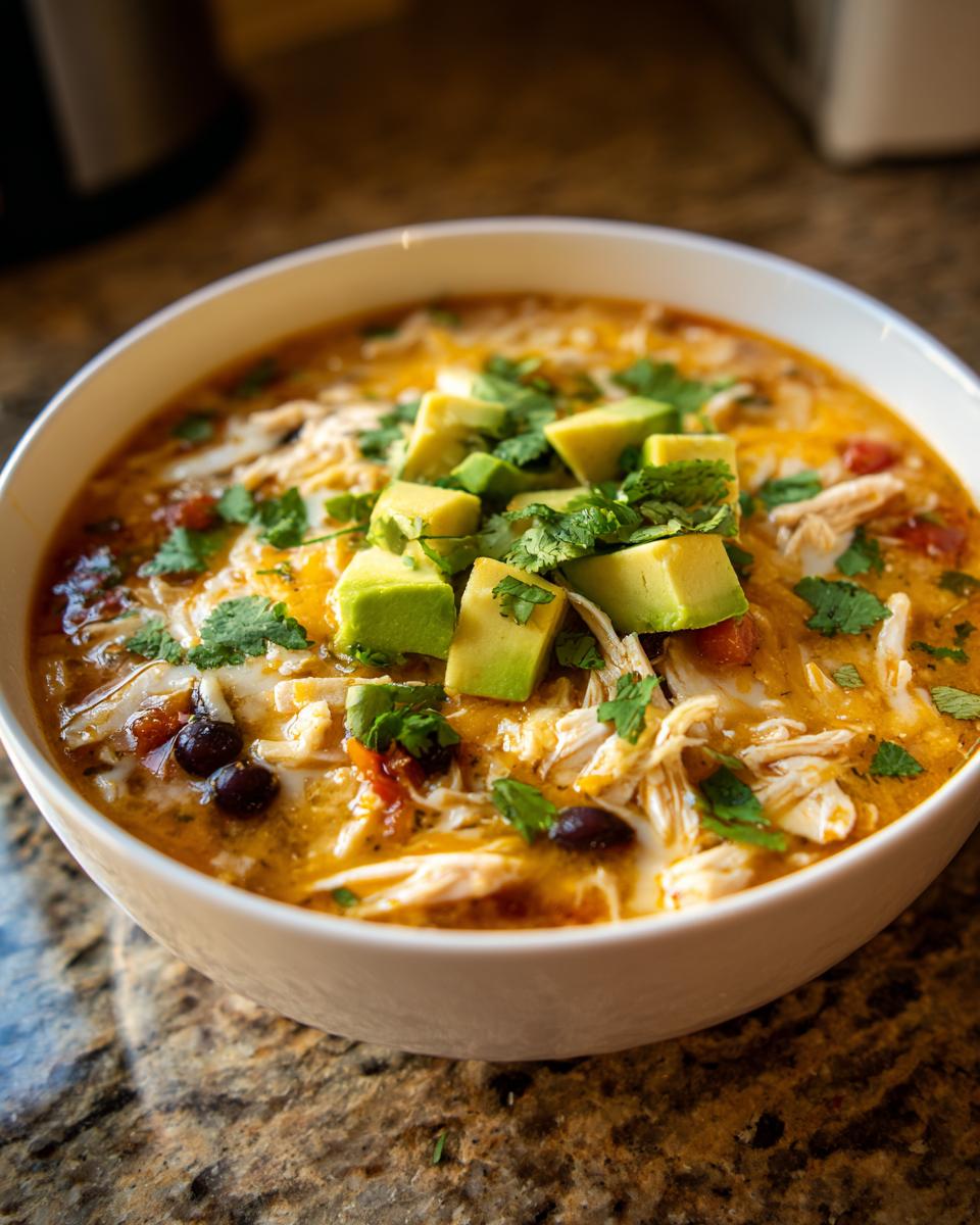 Close-up of a white bowl filled with creamy chicken tortilla soup, topped with diced avocado and cilantro.