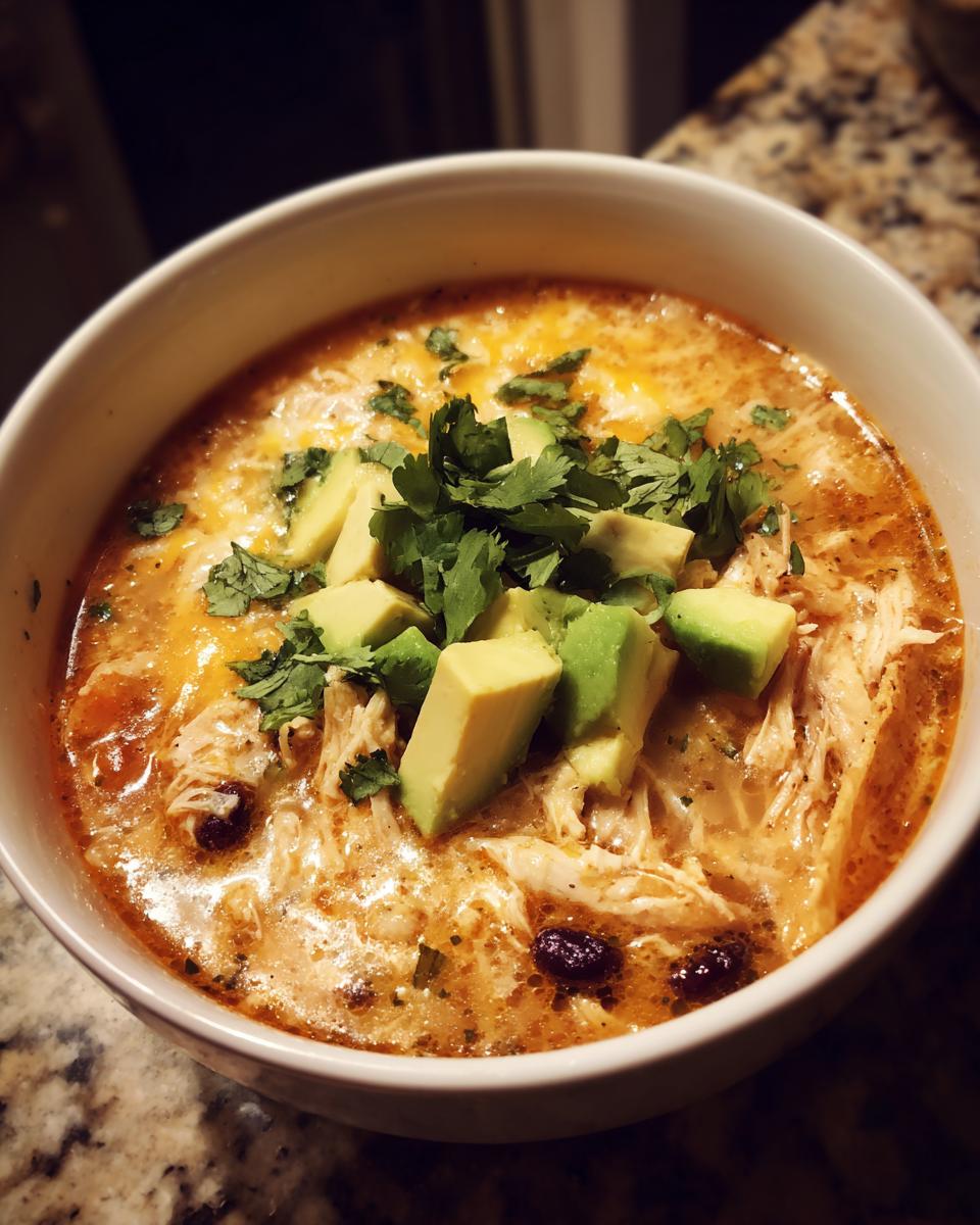 Close-up of a bowl of creamy chicken tortilla soup topped with avocado chunks and cilantro.