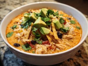 A close-up of a white bowl filled with creamy chicken tortilla soup, topped with avocado, cheese, and cilantro.