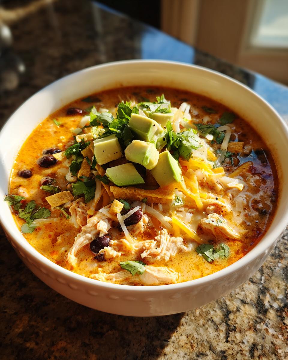 Close-up of a bowl of creamy chicken tortilla soup topped with avocado, cheese, and cilantro.
