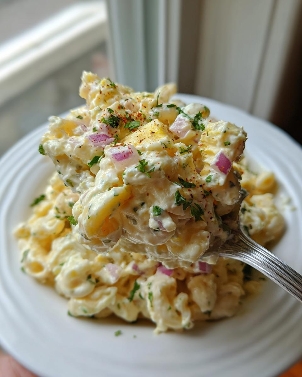 A spoonful of creamy macaroni salad with red onion, parsley, and paprika being lifted from a white plate.