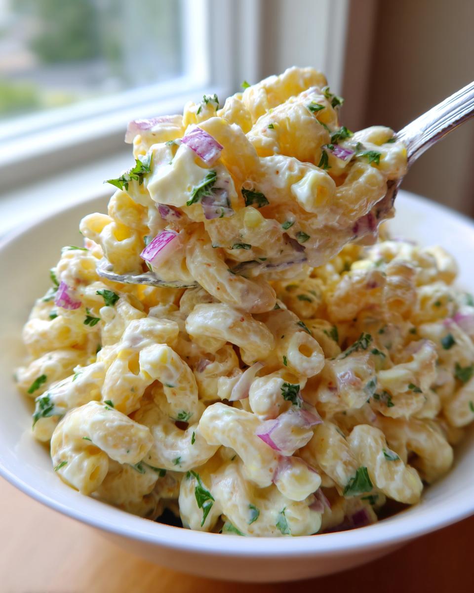A spoonful of creamy macaroni salad, mixed with red onion and parsley, being lifted from a white bowl.