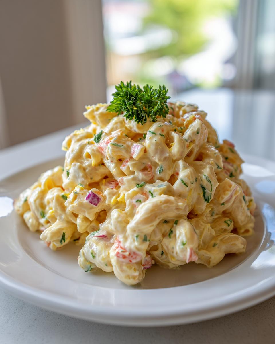 A generous serving of creamy macaroni salad topped with fresh parsley on a white plate.