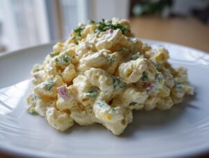 A mound of creamy, homemade macaroni salad mixed with herbs and red onion, served on a white plate.