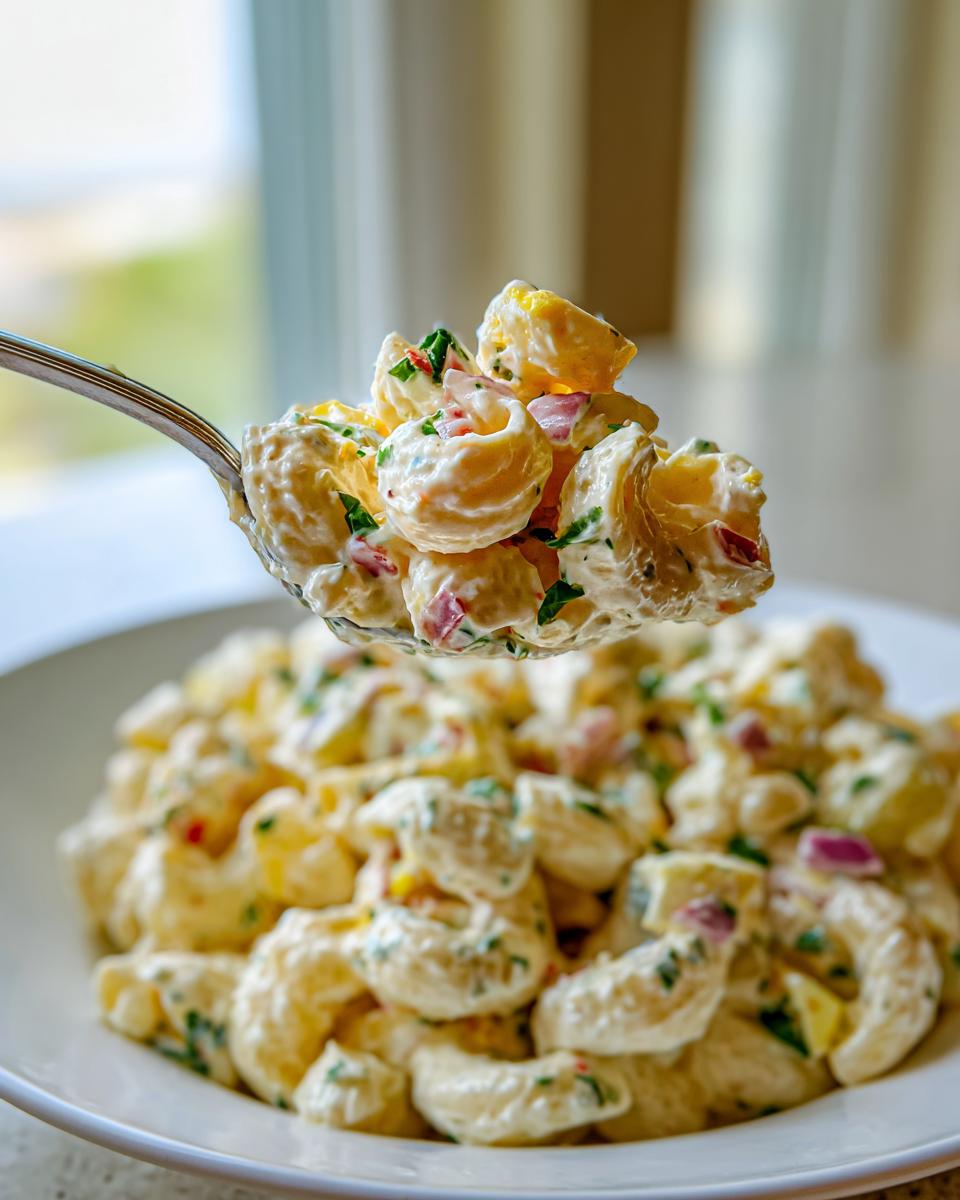 A spoonful of creamy macaroni salad, featuring elbow pasta, red onion, and herbs, lifted above a bowl of the salad.