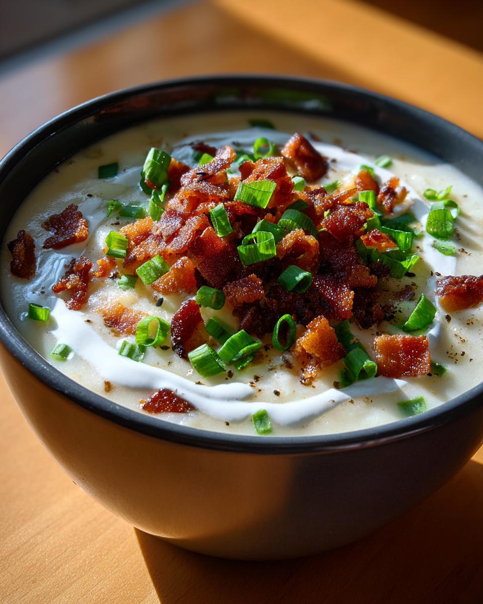 Close-up of a bowl of creamy potato soup topped generously with crispy bacon bits and fresh green onions.