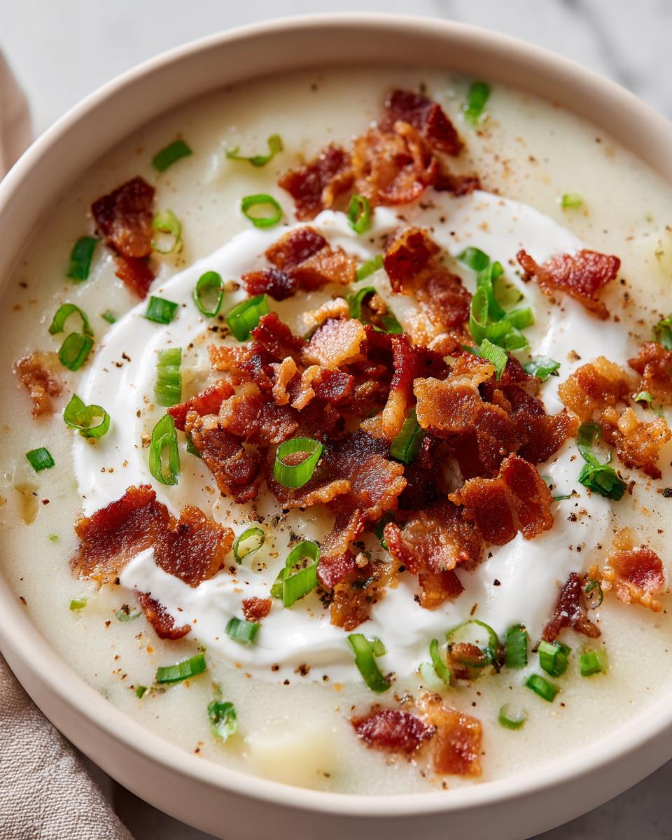 Close-up of a bowl of creamy potato soup topped with sour cream, crispy bacon bits, and chopped green onions.