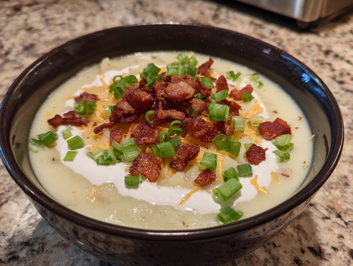 A close-up of a dark bowl filled with rich, creamy potato soup topped with bacon bits, shredded cheese, sour cream, and green onions.
