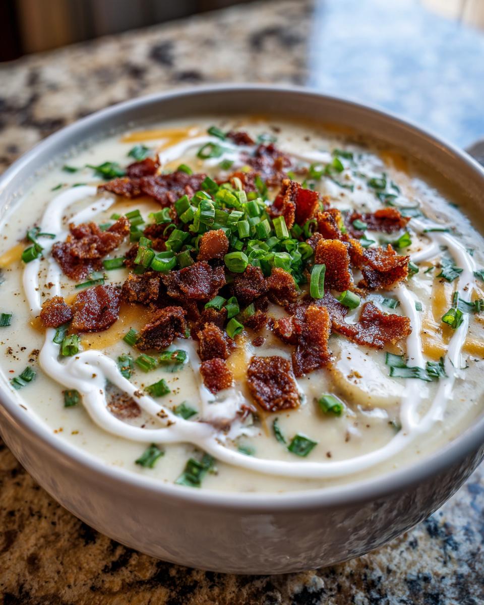 Close-up of a bowl of rich creamy potato soup topped with crispy bacon bits, sour cream swirls, and fresh chives.