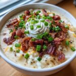A close-up of a bowl of rich, creamy potato soup topped generously with bacon bits, sour cream, and fresh green onions.