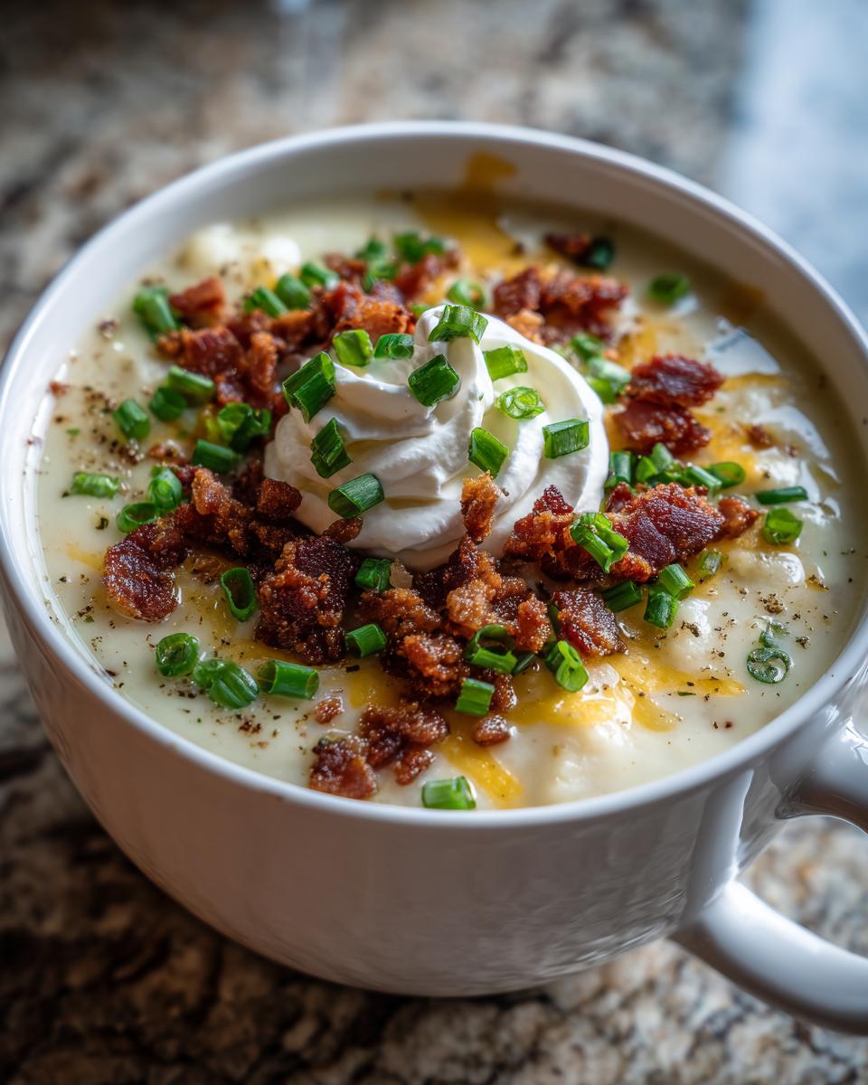 A close-up of a bowl of creamy potato soup topped with sour cream, bacon bits, and chives.