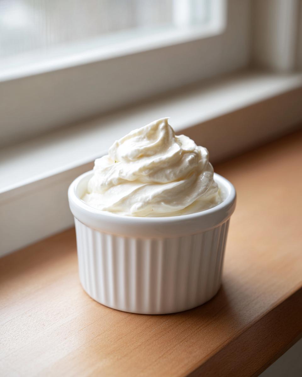 A small white ramekin filled with freshly piped, creamy tartar sauce, set on a wooden surface near a window.