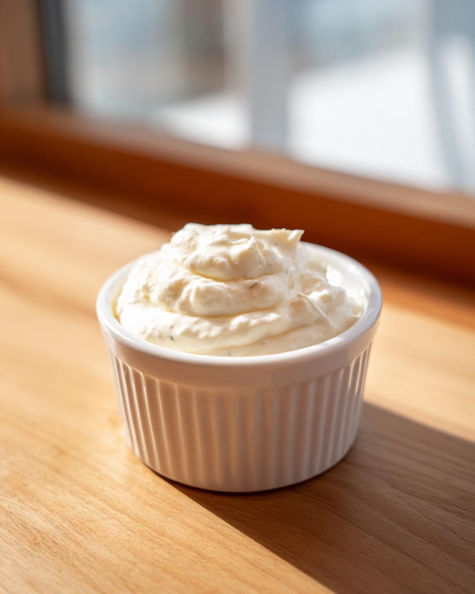 A small white ramekin filled with creamy, homemade tartar sauce, sitting on a wooden surface.