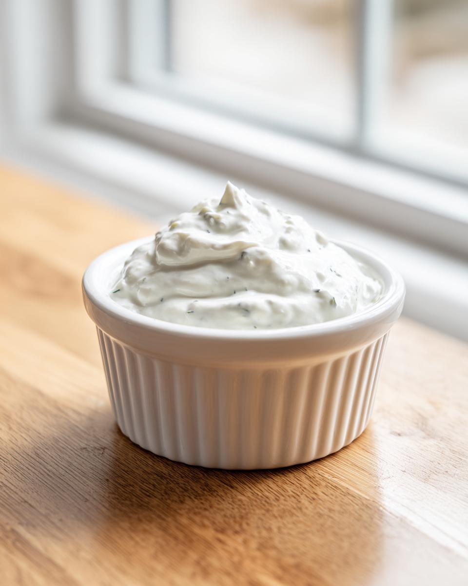A small white ramekin filled high with creamy, herbed tartar sauce, sitting on a wooden surface near a bright window.