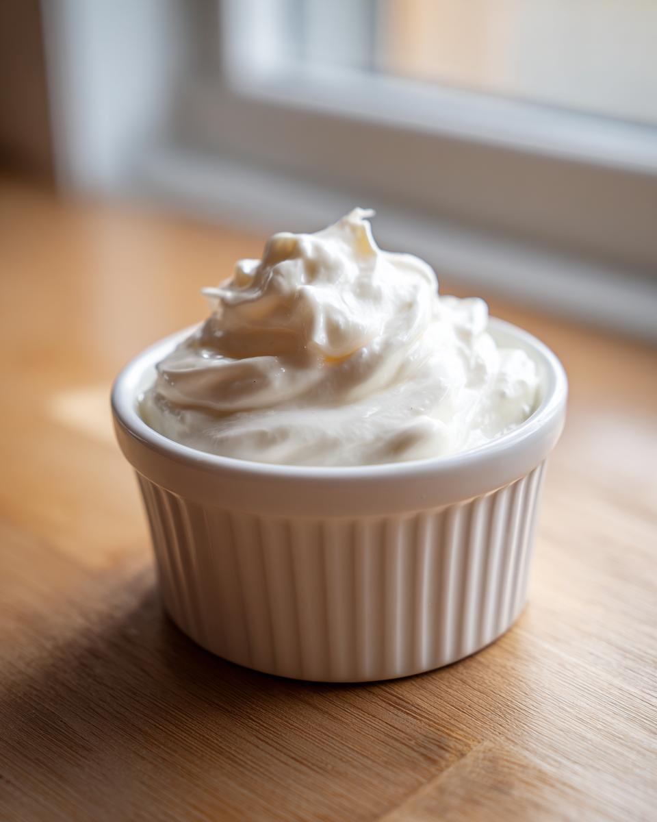 A small white ramekin filled with thick, creamy homemade tartar sauce sitting on a wooden surface.