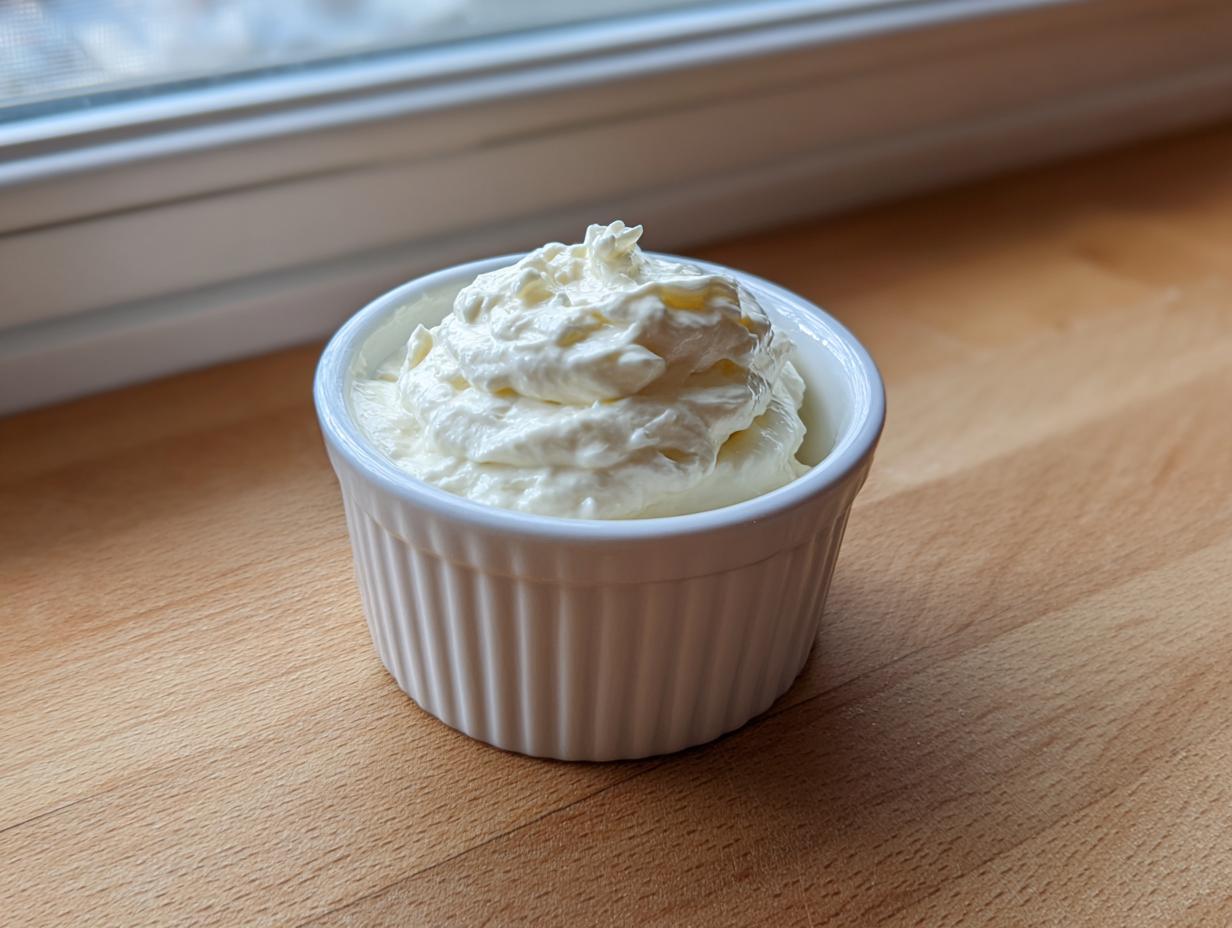 A small white ramekin filled with creamy, white homemade tartar sauce, set on a wooden surface near a window.