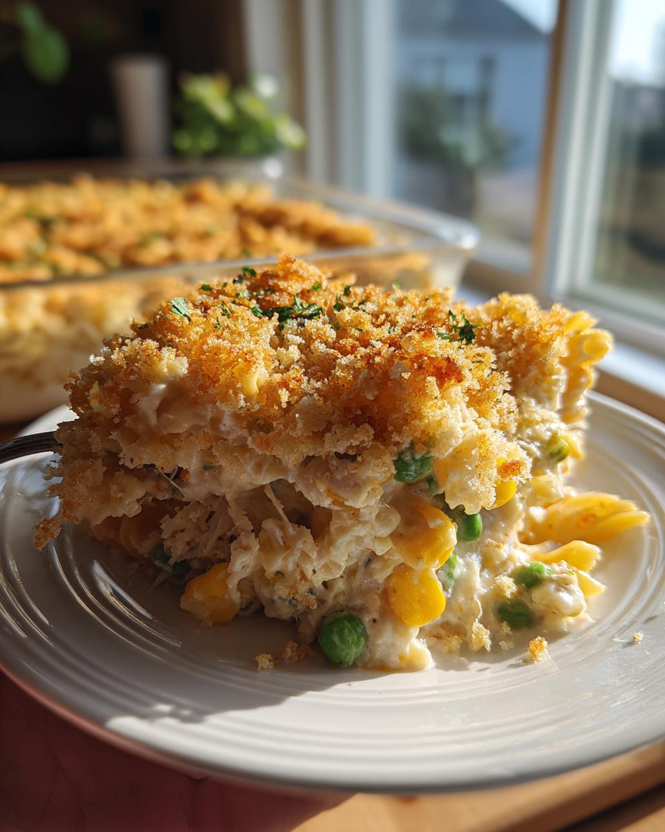 A generous serving of creamy tuna pasta bake with corn and peas, topped with golden breadcrumbs, held on a white plate.