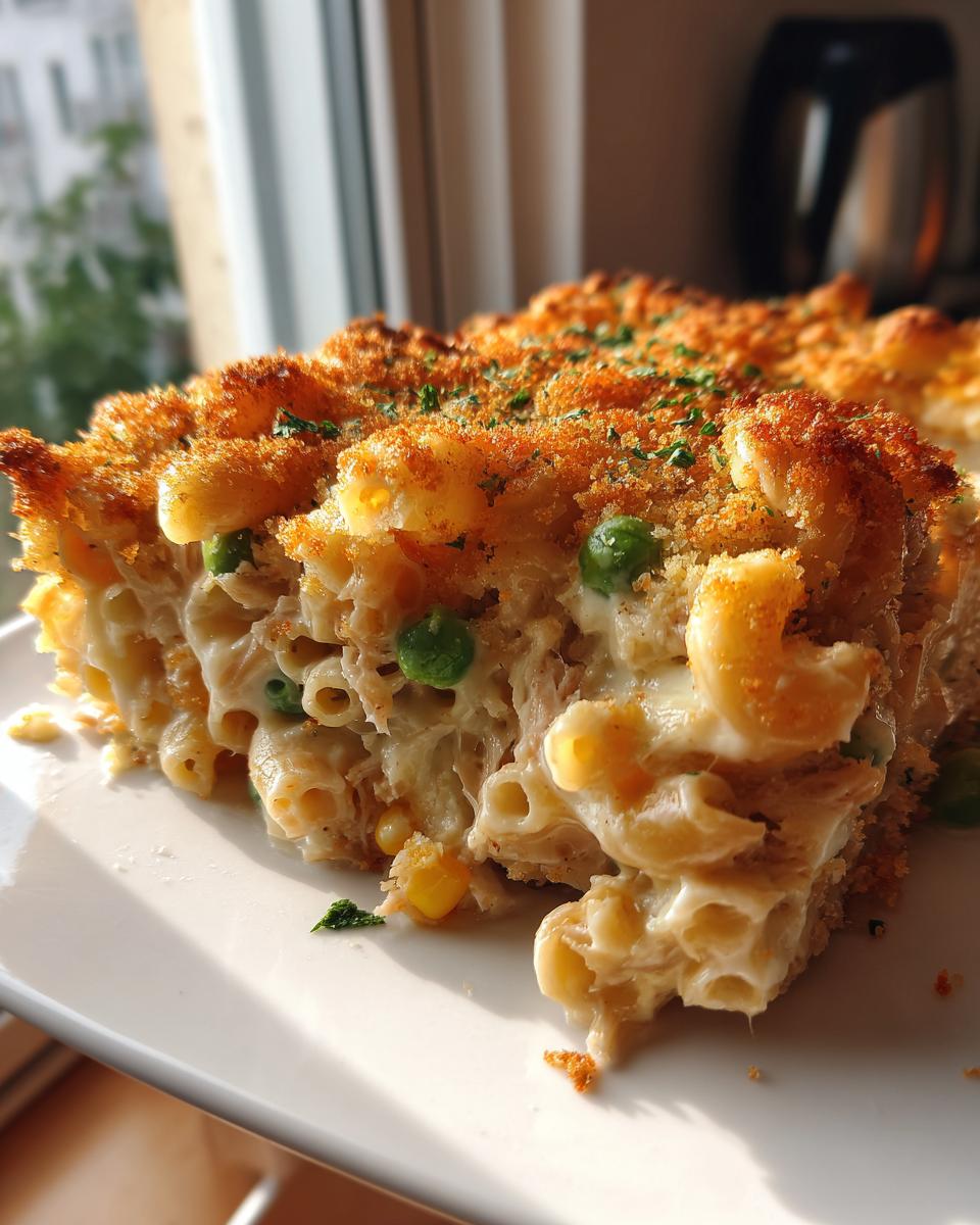A close-up slice of creamy tuna pasta bake featuring elbow macaroni, peas, and a golden, crunchy breadcrumb topping.