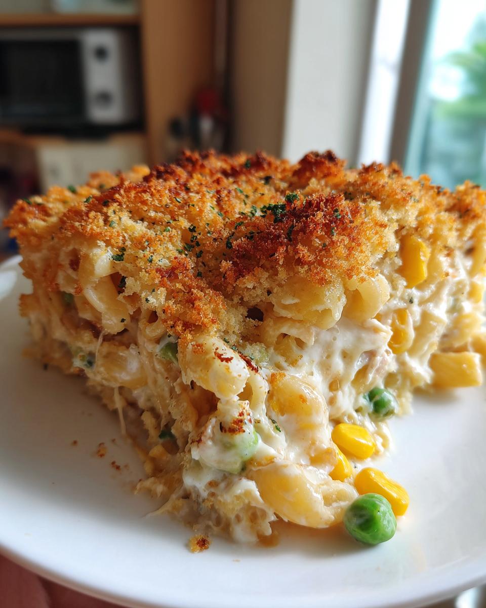 Close-up of a generous slice of creamy tuna pasta bake featuring macaroni, corn, peas, and a golden brown breadcrumb topping.