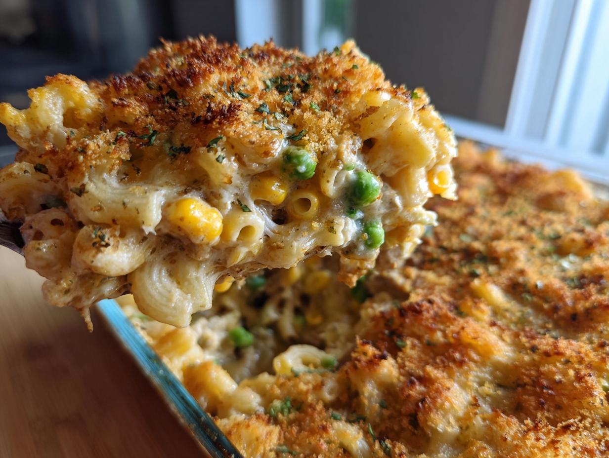 A spoonful of creamy tuna pasta bake with corn and peas, showing a golden-brown crispy breadcrumb topping.