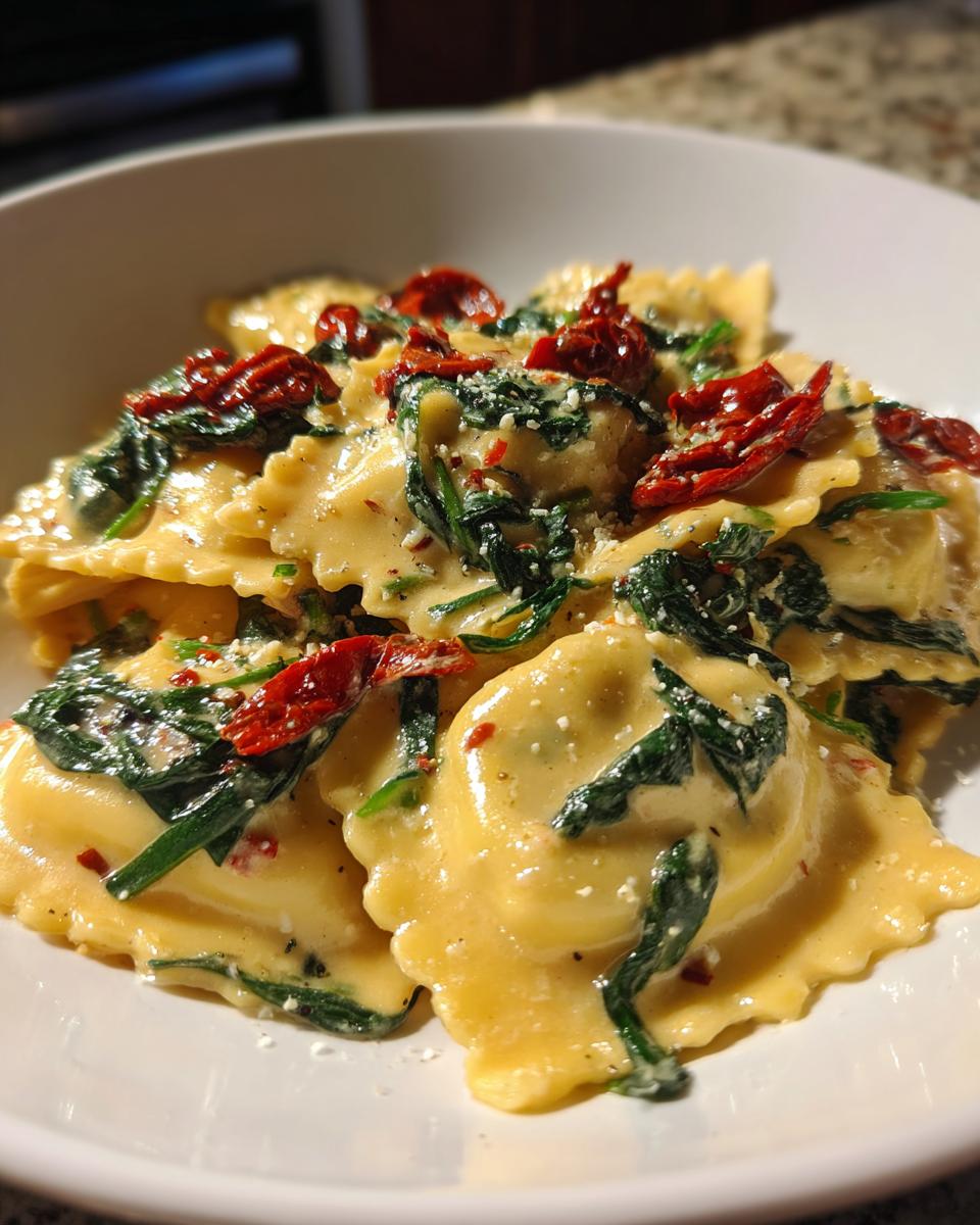 Close-up of creamy Tuscan ravioli tossed in sauce with spinach and sun-dried tomatoes.