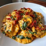 A close-up of creamy Tuscan ravioli tossed in a rich orange sauce with spinach and topped with sun-dried tomatoes.