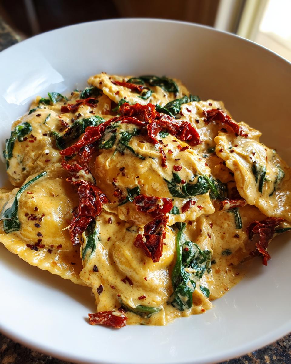 A close-up shot of creamy Tuscan ravioli coated in a rich, orange-hued sauce with spinach and sun-dried tomatoes.