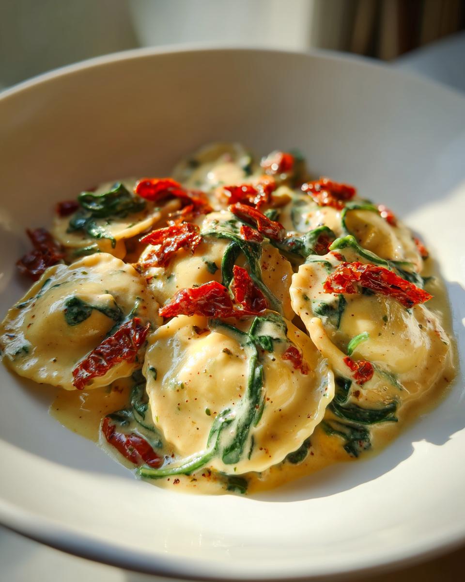 Close-up of ravioli pasta coated in a rich, creamy sauce with spinach and sun-dried tomatoes, showcasing the creamy tuscan ravioli.