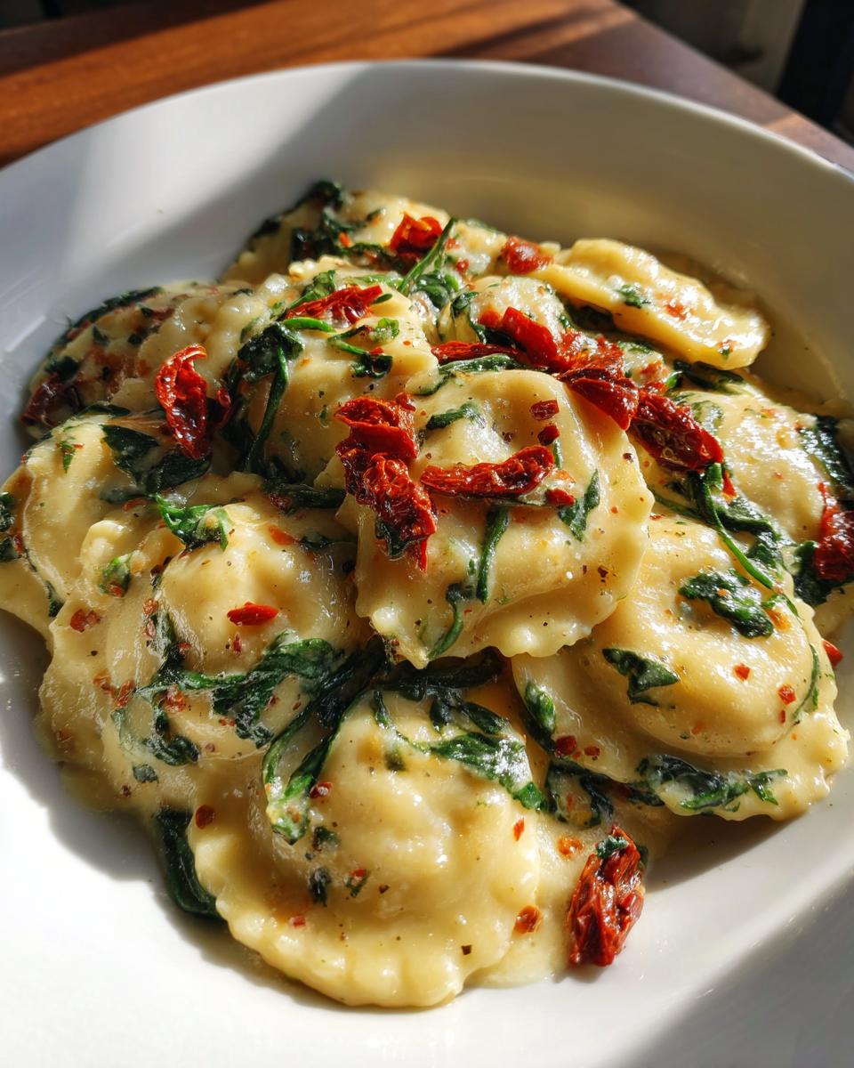 A close-up of creamy Tuscan ravioli tossed in a rich sauce with spinach and sun-dried tomatoes.