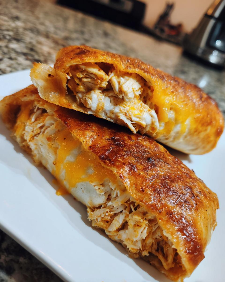 Close-up of crispy, golden-brown chimichangas cut in half, showing shredded chicken and melted cheese filling.