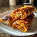 Close-up of two crispy, golden-brown chimichangas, one cut open showing shredded chicken and melted cheese filling.