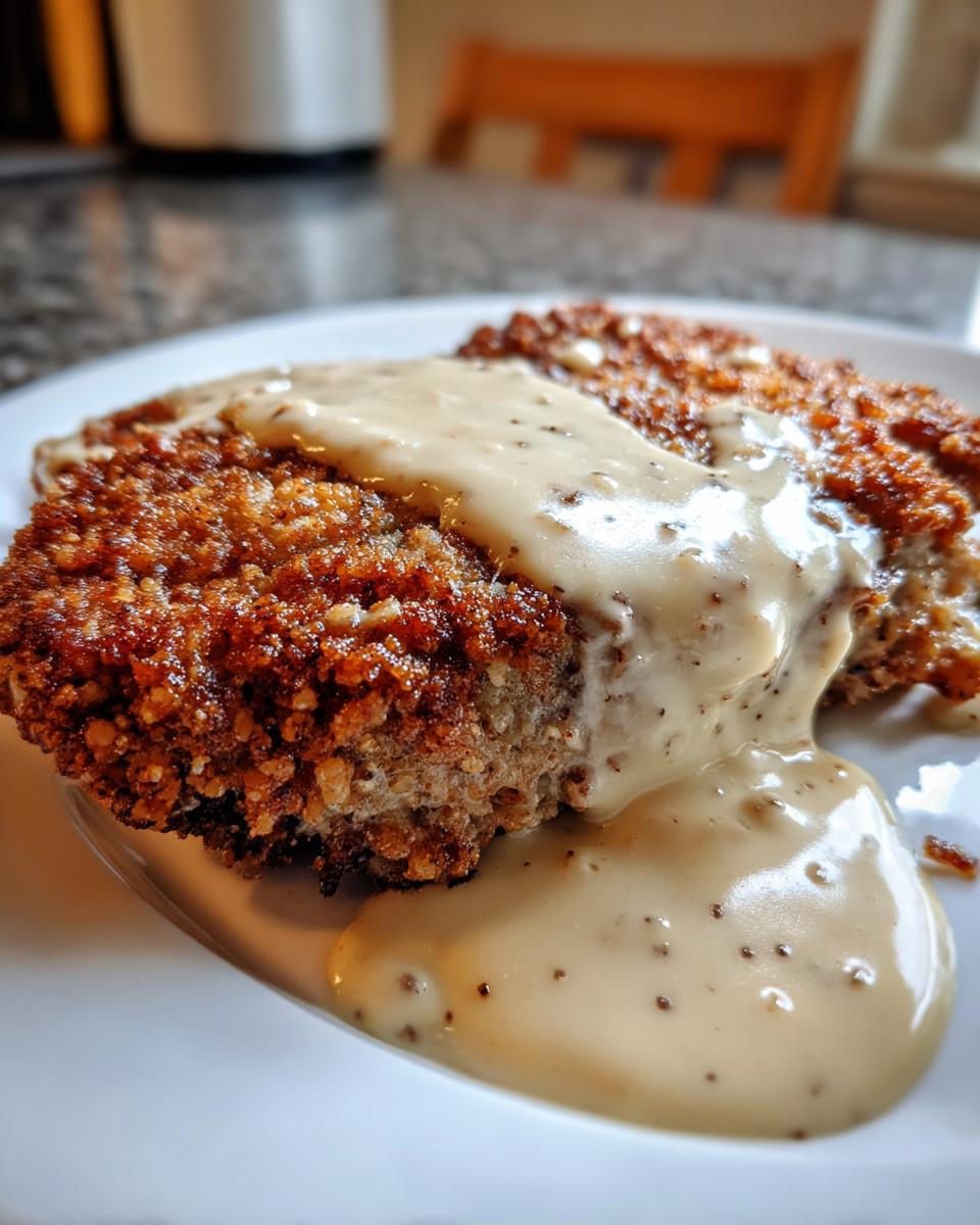 Close-up of a golden brown, crispy chicken fried steak generously covered in creamy, peppered gravy.